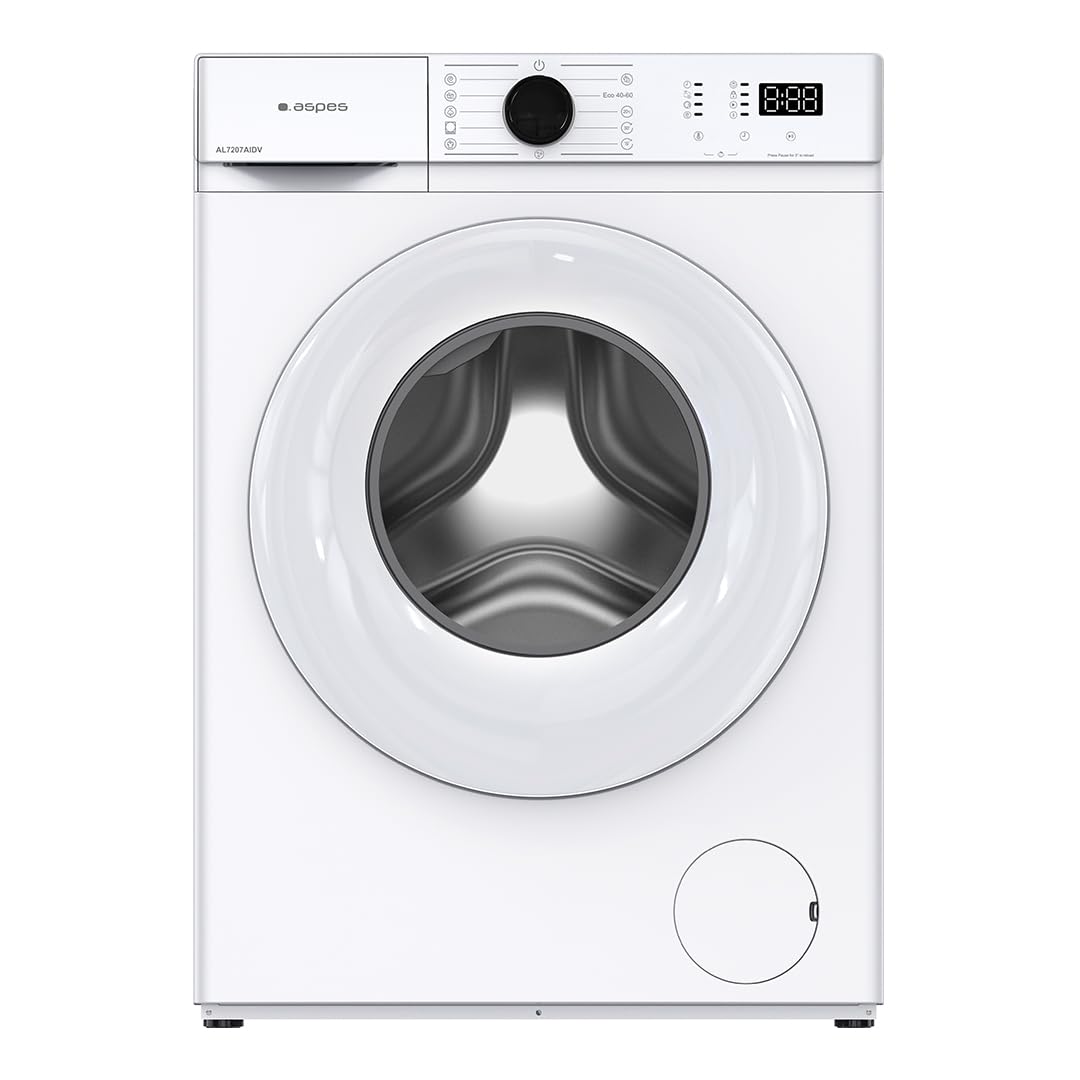 Aspes Lavadora 7 Kg Carga Frontal, Blanco, AL7207AIDV. 1200W, 1200 rpm, Motor Inverter, 11 Programas, Eco-logic System, Tambor Acero Inoxidable, Clase de Eficiencia Energética A
