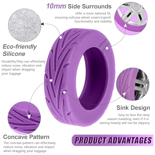 8 Pcs Luggage Wheel Covers, Carry on Luggage Suitcase Wheel Protector, Wear-Resistant, Anti-Noise Silicone Protective Covers for Wheels Office Chair (Purple)3