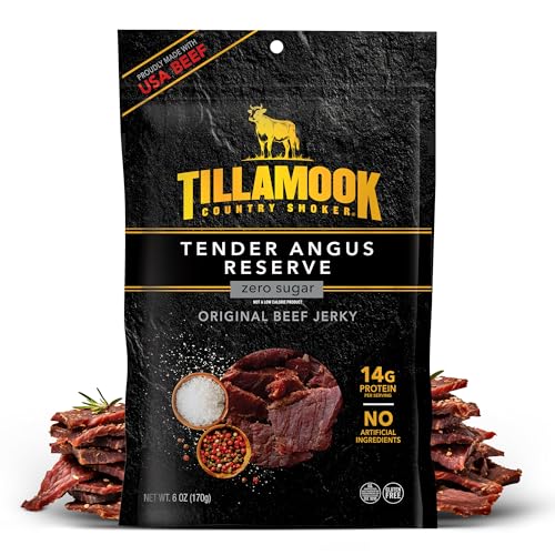 Tillamook Country Smoker Tender Angus Reserve Original Beef Jerky, 6 oz, Real Hardwood Slow-Smoked USA Angus Beef, 14g Protein Per Serving, Gluten Free, No Artificial Ingredients, Zero Sugar