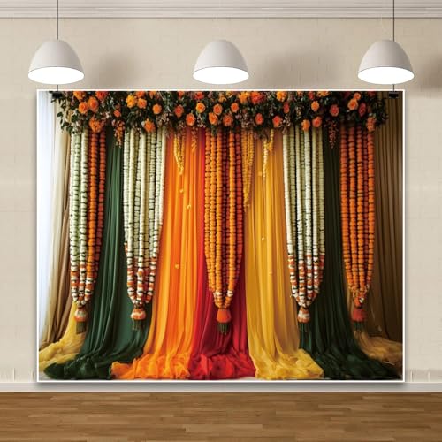 Image of 10x8ft India Pooja Traditional Backdrop Colorful Curtains Floral Indian Photography Background Puja Ganpati Mehndi Diwali Party Decorations for Wedding Birthday Festival Photo Props