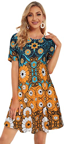 Floral Dress For Women Sunflower Summer Spring Sundresses Boho Swing T-Shirt Short Sleeves Pocket (Green Yellow,L) #TOP1
