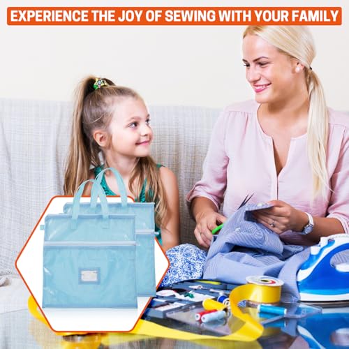Image of BERYA 16.14 x 16.14 inch Sewing Project Bag, Large Double Pocket Craft Bag Organizer Tote with Handles, Clear Mesh Art Supply Bag for Quilting, Knitting, Embroidery Projects Storage (Blue-2 Pack)
