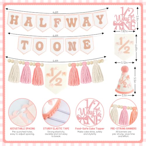 Image of THAWAY 1 /2 Birthday Girl Decorations, Pink Half Way to One Felt Banner Kit | 6 month party supplies; pink half birthday cake topper; adjustable 1 /2 hat; natural wood bead high chair decor