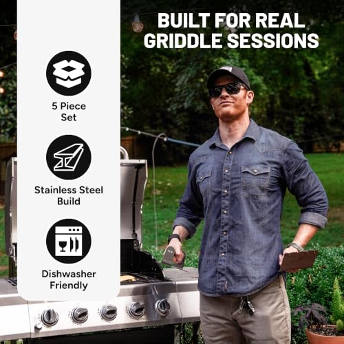 Image of Sasquash Burger Press Kit, 5 Piece Smash Burger Set, Smash Burger Press, Spatula, Melting Dome and 2 Squirt Bottles for Griddle and Grill, Stainless Steel, Kitchen Gadgets, Grilling Accessories