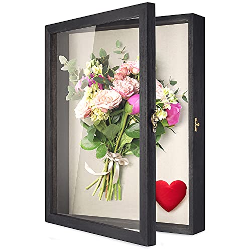 Image of TJ.MOREE Shadow Box 12x16 Memory Display Case Wooden Picture Frame Black | Large Rustic Keepsake Box with Linen Back for Memorabilia, Bridal Shower Wedding Gifts, Military Medals, Pet Memorial Gifts