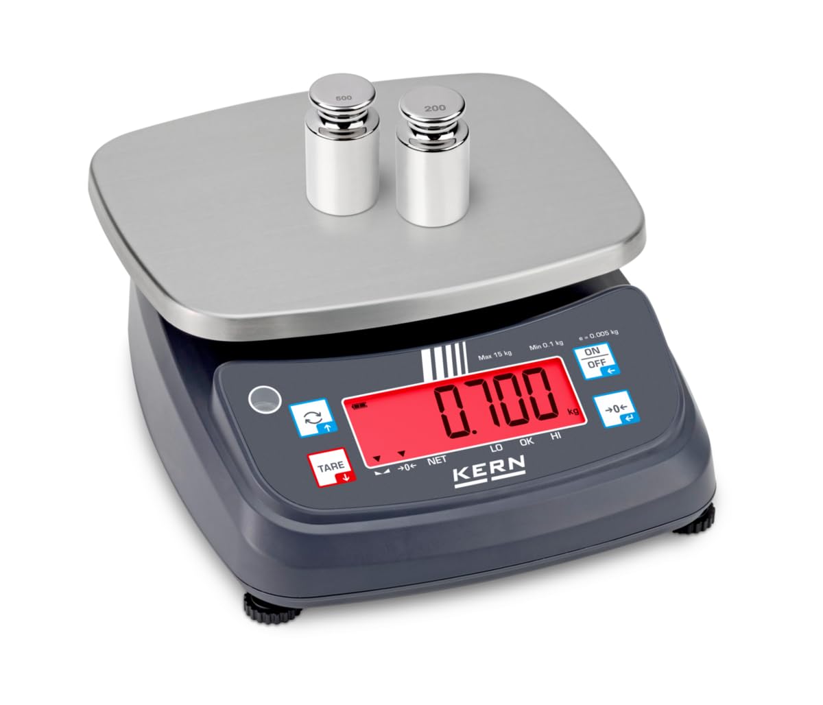 KERN FPB 15K-3 - Báscula de mesa protegida por IP con pantalla de pesaje, legibilidad [d]: 1 g, rango de pesaje [Max]: 15 kg, IP68/IP69K, pantalla a color para pesaje de tolerancia, batería incluye