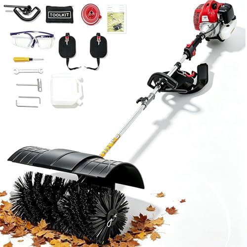 52cc Kehrmaschine Benzin, 2-Takt Motor Besen, Handkehrmaschine für Kunstrasen und Straßenreinigung – 2.3 PS Kehrbesen mit Schneefräsenfunktion