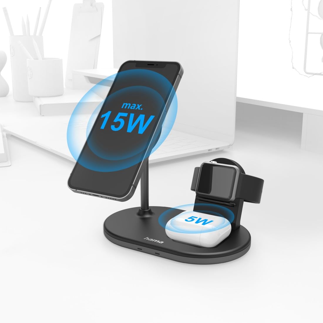 Hama MagCharge - Caricatore wireless per Apple iPhone, Apple AirPod, Apple Watch (stazione di ricarica induttiva con Quick Charge 15 W, ricarica wireless magnetica per Apple MagSafe e Hama MagLine)