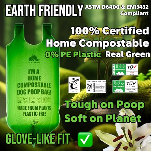 Image of Ultra Thick & Deep RockRhino Dog Poop Bags for Large & XL Breeds | 4-Layer Interlocked Bottom | 100% Home Compostable, 0% Plastic | Vanilla-Scented | 60 Bags, Easy Open Tie Handles, Not for Scooper