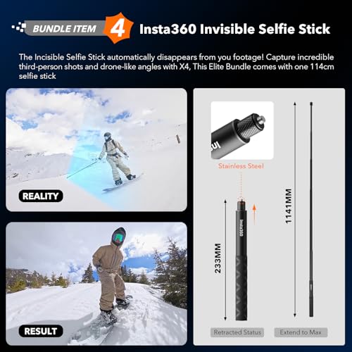 Insta360 Pacote X4 Elite – Câmera de ação 8K 360 à prova d'água com sensores de 1/2 polegada de 48
