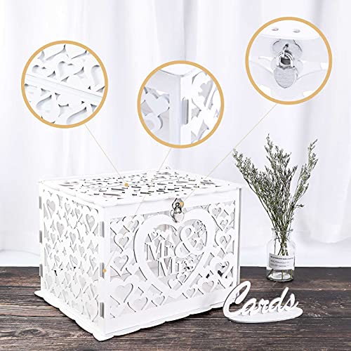Image of Ywlake Wedding Money Box Holder with Sign, Large Rustic Wood Wooden DIY Envelope Gift Post Card Boxes with Lock Slot for Reception Anniversary Graduation Birthday Party Parties (Mr & Mrs, White)