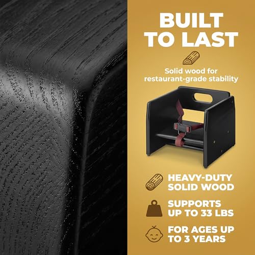 Image of Black Wooden Dining Seat Riser for Restaurant Chairs - Stackable Rubberwood Seat Platform with Chair Strap & Non-Slip Pads, Commercial Restaurant Seating Accessory