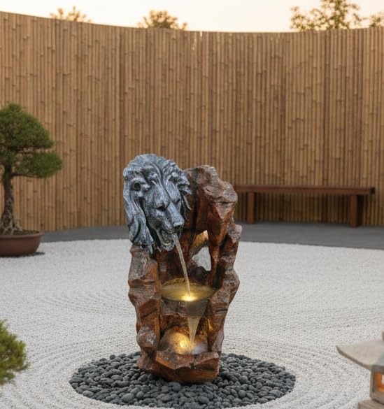 Image of 3.5 Feet Lion Face Water Fountain Stone Colour with Dark Brown Finish | Indoor Tabletop Fountain with LED Light