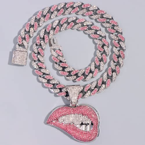 Iced Out Chain for Women Men, Cuban Link Chain, Hip Hop Pink Bite Lip Shape Pendant Necklace for Women with Bling Iced Out Silver Color Cuban Link Chain HipHop Necklace Jewelry2