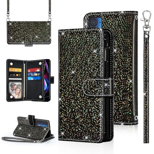 Furiet Polka dots Wallet Case for Motorola Moto Edge 2021/MotoEdge 5G UW 2021 with Wrist Strap Shoulder Strap Zipper Flip Purse, Sparkly Glitter Credit Card Holder Stand Phone Cover for XT2141-1 Grey