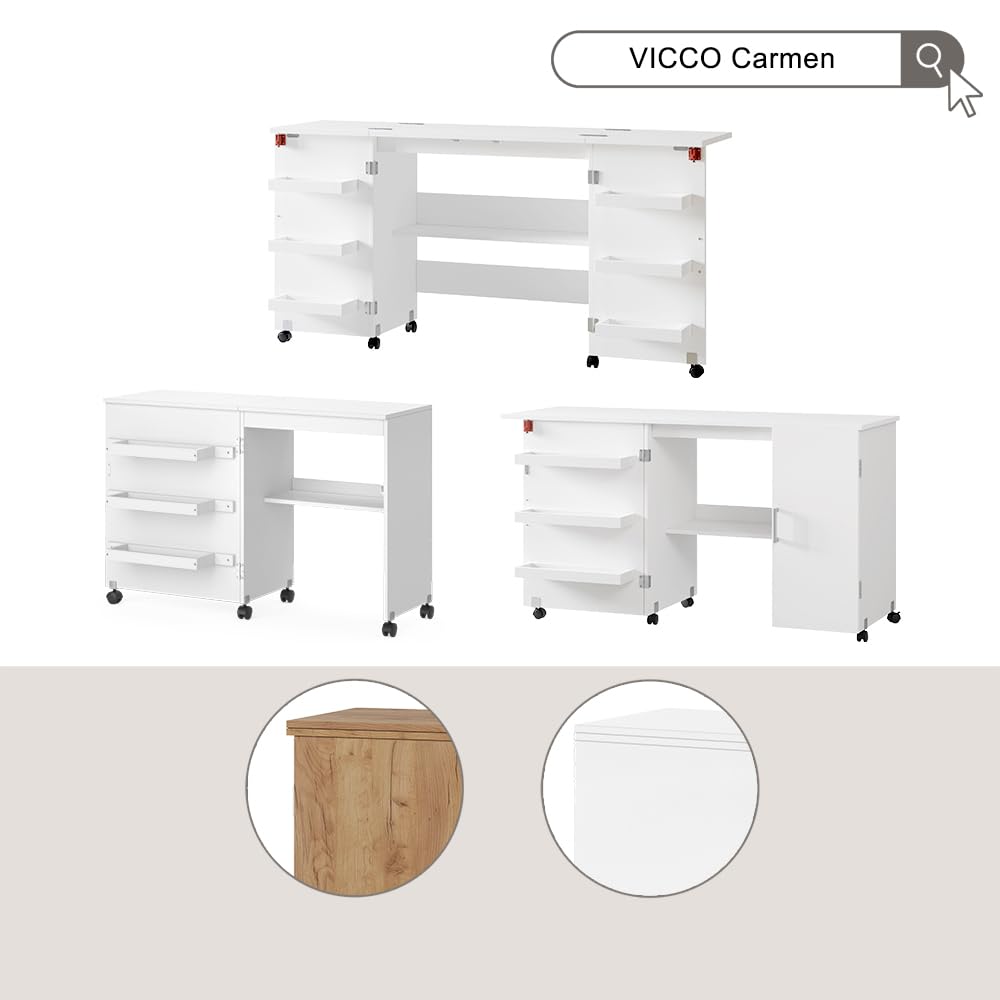 Vicco Table de Couture Carmen, Chêne, 118x77.5cm avec 3 étagères, Pliable sur roulettes pour Une Utilisation Flexible comme Table de Travail