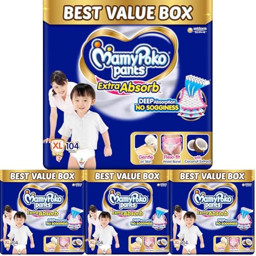 Image of MamyPoko Pants Extra Absorb Baby Diapers, Extra Large (XL size) 12-17 kg 104 Count |Deep Sleep DiapersSoft gentle fit |Deep Absorbent Crisscross skin friendly with coconut oil (52 count, Pack of 8)