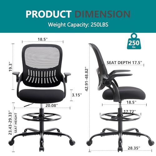 Image of DUMOS Drafting Chair for Standing Desk, Counter Height Adjustable, Flip-up Arms, Ergonomic Mid Back Mesh Rolling Work 360 Swivel Office Computer Chairs with Wheels, for Bedroom Livingroom, Ink