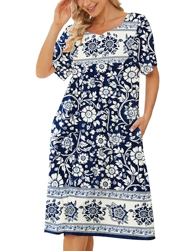 Image of House Dresses for Women with Pockets Mumu Dresses Short Sleeve Moo Moos for Women Nightgown Duster Lounge Dress S-3XL