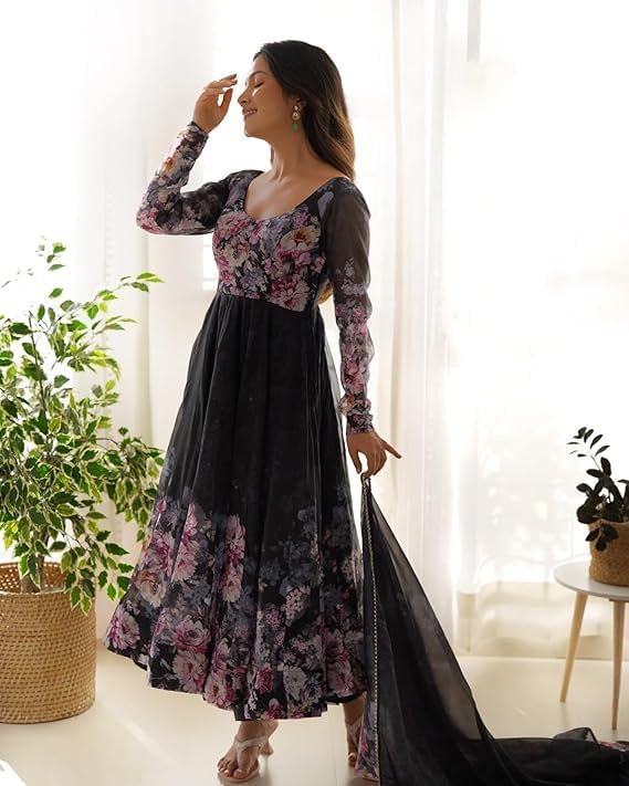 Image of KD Women's Floral Printed Georgette Anarkali Kurta Set With Dupatta, Traditional Salwar Suit, Long Sleeve Ethnic Dress