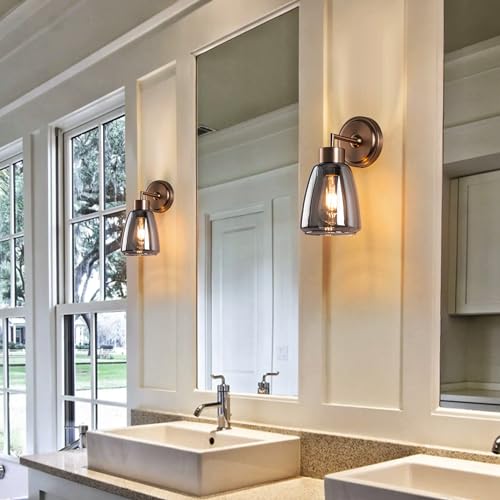 Image of Smoked Gray Glass Wall Light Dia 6 inch Wall Lamp with Glass Shade Vintage Vanity Lighting Fixture with Metal Base Flush Mount Wall Sconce 1-Light for Bathroom, Bedroom, Bedside, Entryway