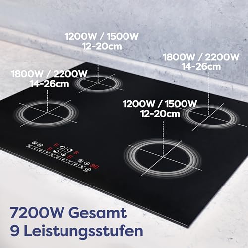 Foto von CIARRA CBBIH4B 4 Zonen Einbau Induktionskochfeld mit Power Booster Touch-Bedienung Kochfeld Induktion Herdplatte mit 4 Platten 9 Leistungsstufen Induktionskochplatte 60cm (7,200W)