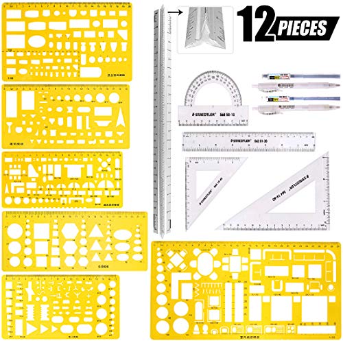 Swpeet 12Pcs Plastic Yellow Geometric Drawings Templates Kit, 6 Different Geometric Measuring Drawings Templates Stencils with 2Pcs Pencil and 5Pcs Measuring Ruler for Drawing Engineering Drafting