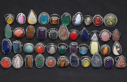 Silver Carats Chunky Silver Rings Pack for Women - 05 Pcs - Stackable Fashion Ring Set, Silver Plated Statement Knuckle Handmade Gemstone Gothic Vintage Rings for Girls (GB Size L to U)