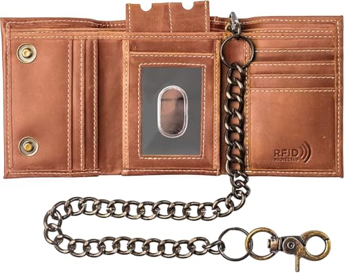 Chain Wallets for men Biker Chains Top-Grain Cow Leather Trifold Wallet With Chain RFID-Safe Snake Texture, Durable Wallet Leather Wallets Design In Usa (J111-WC, Vintage Brown)