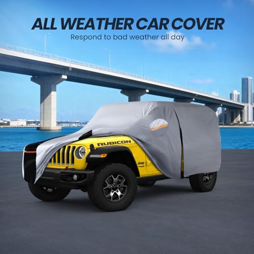 Image of Multi-Layer Car Cover Custom Fit for Jeep Wrangler 2 Door CJ YJ JK JL(1987-2026), 100% Waterproof All Weather for Automobiles, Gift with Towel, Heavy Duty Car Covers for Rain Sun UV Protection.
