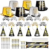 94pcs New Years Eve Party Supplies 2025 Decorations Kit with Happy New Year Top Hats, Headband Tiaras Noisemakers Balloons Necklaces Black Gold Nye Party Favors Serve 24 Guests