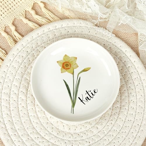 Personalized Birth Flower Jewelry Dish, Ceramic Ring Holder with Name, March Daffodil Jewelry Tray, Custom Trinket Tray, Decorative Plate, Birthday Gifts for Friends Sisters Daughter Mother 4