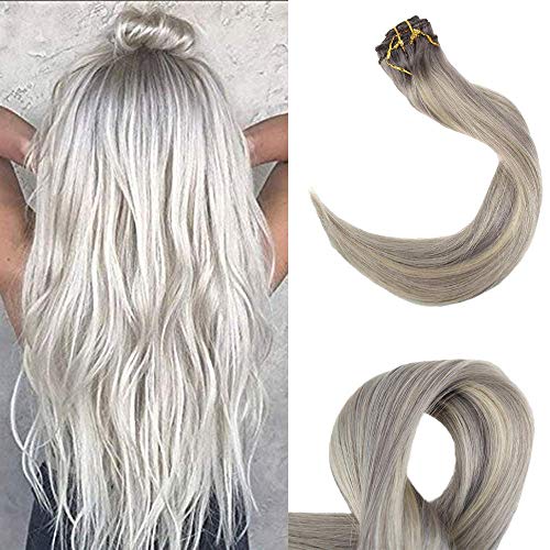 Full Shine 18" Thick Hair Full Head Clip In Hair Extensions Ombre Color #19A Ash Blonde Fading To Color #60 White Blonde Highlight Human Hair
