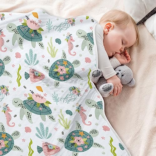 Image of Swaddle Blanket for Turtle Sea Horse Baby Receiving Blanket Muslin Baby Swaddles Soft Cotton Breathable Nursery Blankets for Unisex Boys and Girls 30x40 Inch