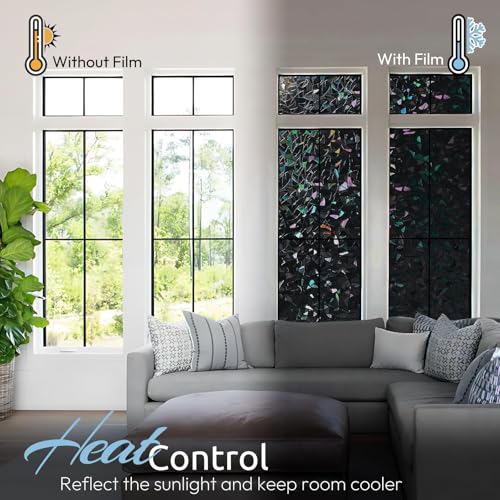 Image of rabbitgoo Rainbow Window Privacy Film, Stained Cling, Black, 23.6 inch x 118.1 inch | Decorative Static Sticker, Non-Adhesive Reusable Window Tint, Heat Control UV Blocking Coverings for Home Doors, Living Room