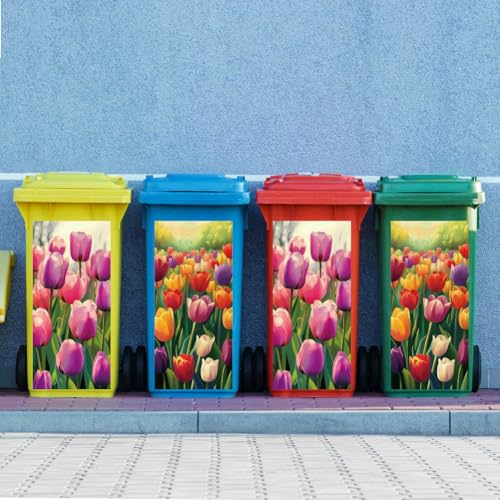 Image of Peacoblue Wheelie Bin Stickers 2 Sheets Tulips Sticky Dustbin Stickers Decals, 15 inch x 32 inch Waterproof Large Wraps for Trash Cans Bins Fridges Door Wall Garden Outdoor Indoor Patio Decor