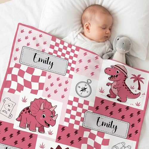 Image of Personalized Baby Boy Blanket with Name, Custom Dinosaur Flannel Fleece Throw Blankets for Newborns & Toddlers, Safari T-Rex Nursery Decor, Unique for Boys