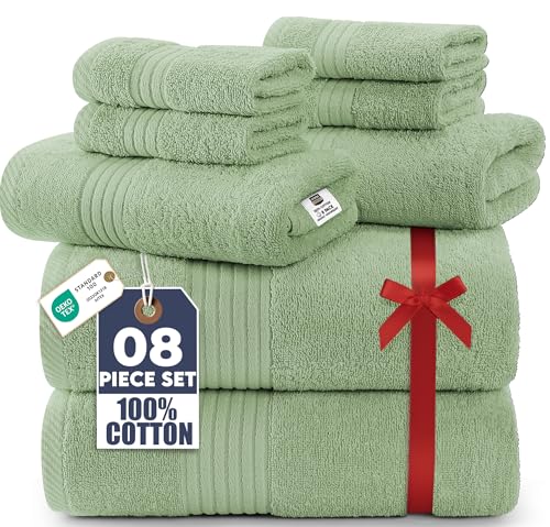 Utopia Towels 8 Piece Premium Towel Set, 2 Bath, 2 Hand, and 4 Washcloths, 100% Ring Spun Cotton, Highly Absorbent Towels for Bathroom, Sports, and Hotel, Sage Green