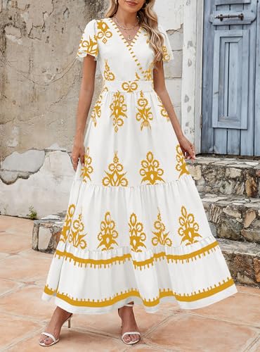 Image of PRETTYGARDEN Womens 2026 Summer Casual V Neck Boho Maxi Dress Flowy Aline Bell Sleeve Tiered Floral Dresses with Pocket