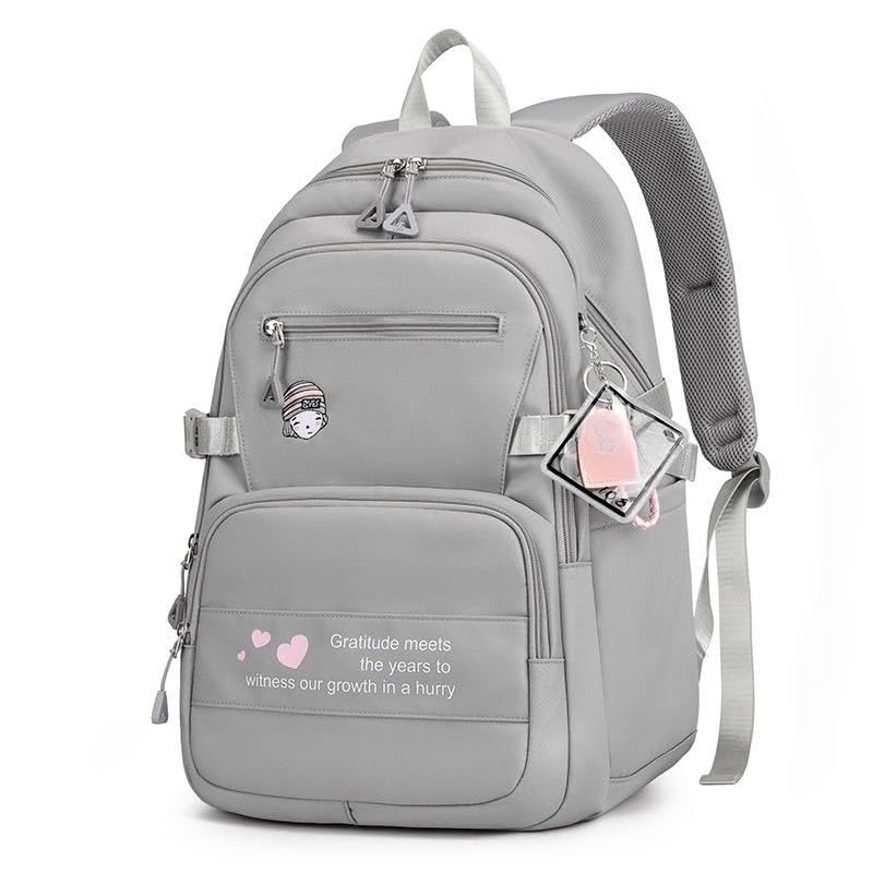 Mochila Feminina espaçosa de grande capacidade resistente nylon e leve mochila escolar elegante para viagens e uso diá (cinza（Sem pingente）)