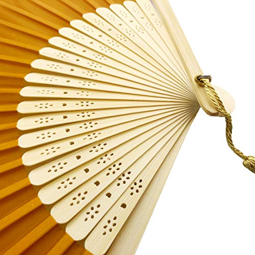 Image of Fabric Folding Hand Fan with Tassel - Grade A Bamboo Ribs for Women (Dark Gold Yellow)