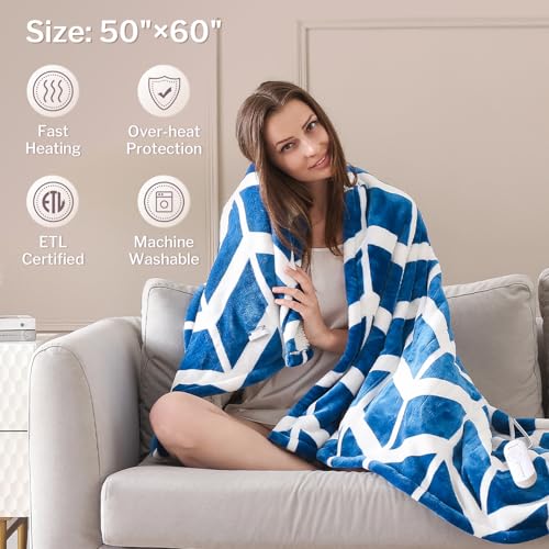 VENTIMI Electric Blanket Heated Throw, 50" x 60" Heated Blanket with 5 Heat Levels & 3 Hours Auto Off, Fast Heating Blankets with ETL & FCC Certification, Navy