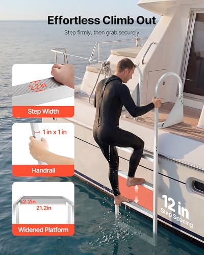 Image of VEVOR Flip-Up Dock Ladder, 4-Step, Heavy-Duty Aluminum Alloy Pontoon Boat Swim Ladder, with Non-Slip Wide Steps, 350 lbs Weight Capacity, Pull Rope Assist, for Lake Swimming, Pool, Marine Boarding