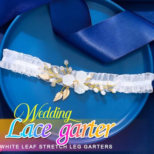 HEREAD Flower Wedding Garters for Bride Gold Pearl Stretch Bridal Garters Set Leaf Leg Ring for Women and Girls2