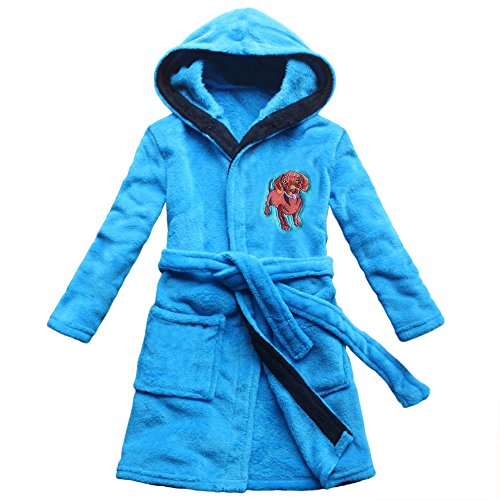 FEETOO 2018 Dog embroidered child bathrobe boy pajamas Flannel robe (12, BLUE)