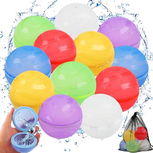 VFMFM Magnetic Reusable Water Balloons, 12 PCS Refillable Quick Self Sealing Water Bombs with Storage Mesh Bag, Latex-Free Silicone Water Toys for Kids Adults Summer Pool Splash Parties