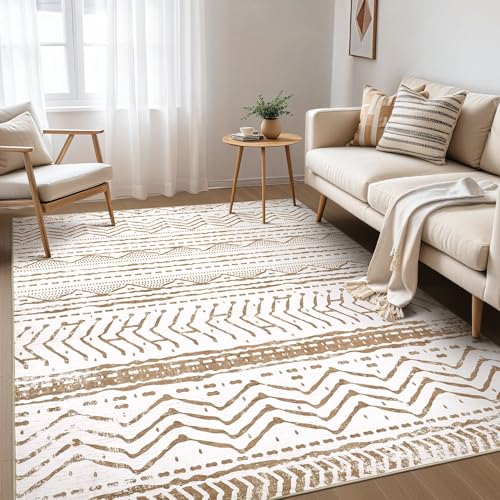 Nakagishi Area Rug Living Room Rugs: 5x7 Machine Washable Boho Large Neutral Farmhouse Stain Resistant Moroccan Indoor Carpet for Bedroom Nursery Dorm Classroom Playroom Dining Room House-Brown White