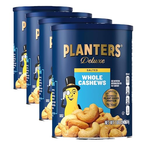 Image of PLANTERS Deluxe Salted Whole Cashews, Party Snacks, Plant-Based Protein, Quick and After School Snack, Roasted Cashew Flavored with Sea Salt, Bulk Nuts, Kosher, 1lb 2.25oz Canister (Pack of 4)