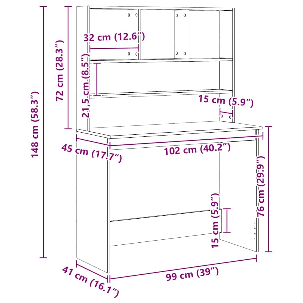 Scrivania con scaffale, rovere Artisan, 102 x 45 x 148 cm, materiale in legno, tavolo da ufficio compatto con spazio per casa, ufficio, cameretta dei bambini