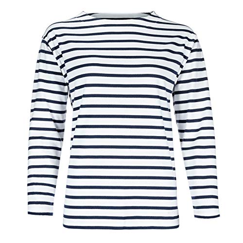 modAS Damen Shirt Bretonisches Damenshirt mit U-Boot Ausschnitt - Ringelshirt Streifenshirt Langarmshirt mit Streifen aus Baumwolle in Weiß/Blau in Größe 38